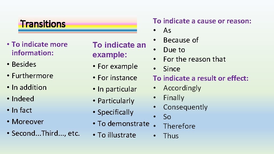 Transitions • To indicate more information: • Besides • Furthermore • In addition •