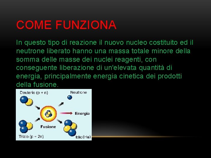 COME FUNZIONA In questo tipo di reazione il nuovo nucleo costituito ed il neutrone