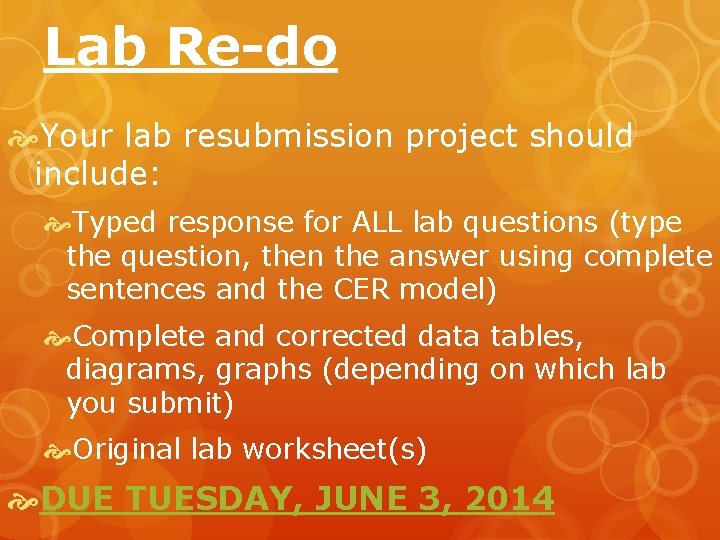 Lab Re-do Your lab resubmission project should include: Typed response for ALL lab questions