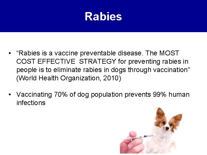 Rabies • “Rabies is a vaccine preventable disease. The MOST COST EFFECTIVE STRATEGY for