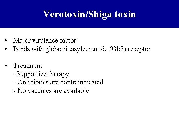 Verotoxin/Shiga toxin • Major virulence factor • Binds with globotriaosylceramide (Gb 3) receptor •