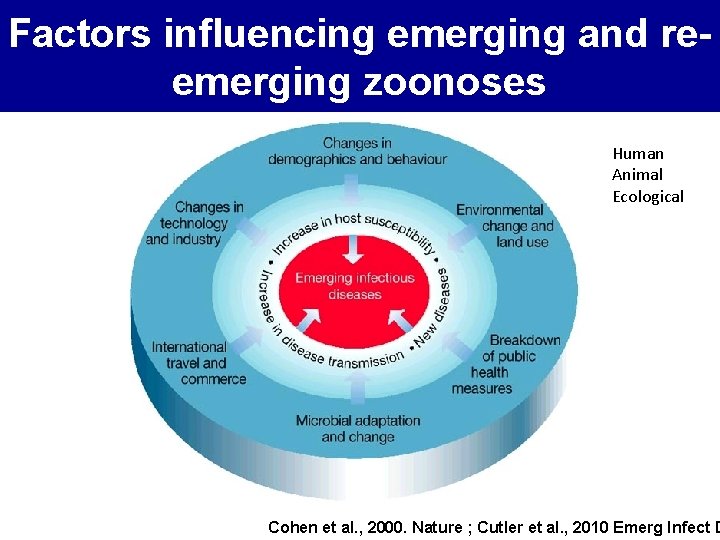 Factors influencing emerging and reemerging zoonoses Human Animal Ecological Cohen et al. , 2000.