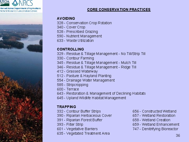 CORE CONSERVATION PRACTICES AVOIDING 328 - Conservation Crop Rotation 340 - Cover Crop 528