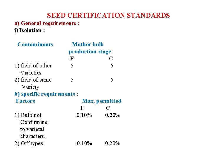 SEED CERTIFICATION STANDARDS a) General requirements : i) Isolation : Contaminants Mother bulb production