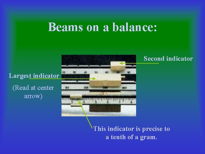 Beams on a balance: Second indicator Largest indicator (Read at center arrow) This indicator