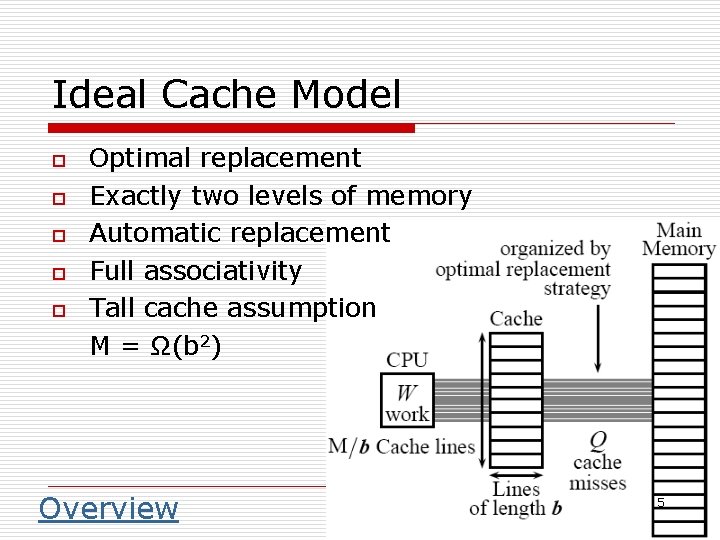 Ideal Cache Model o o o Optimal replacement Exactly two levels of memory Automatic