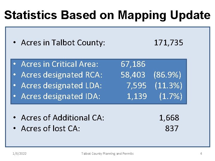 Statistics Based on Mapping Update • Acres in Talbot County: • • Acres in