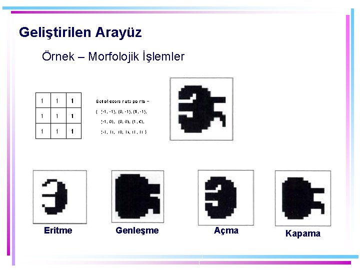 Geliştirilen Arayüz Örnek – Morfolojik İşlemler Eritme Genleşme Açma Kapama 