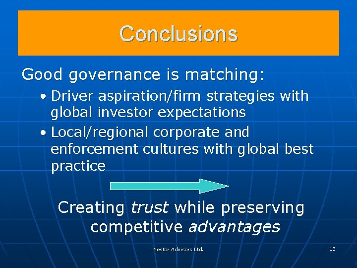 Conclusions Good governance is matching: • Driver aspiration/firm strategies with global investor expectations •