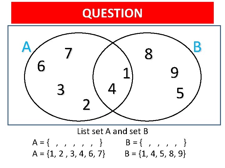 QUESTION A 6 7 3 2 4 1 8 B 9 5 List set QUESTION A 6 7 3 2 4 1 8 B 9 5 List set