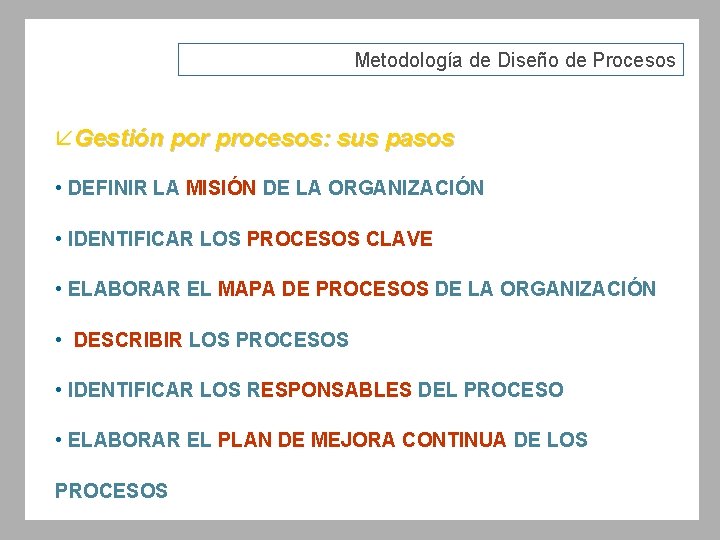 Metodología de Diseño de Procesos åGestión por procesos: sus pasos • DEFINIR LA MISIÓN