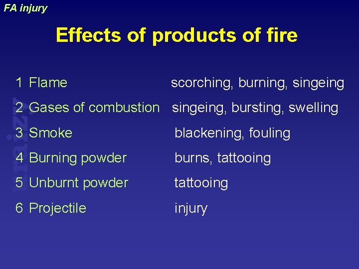 FA injury Effects of products of fire uraizy 1 Flame scorching, burning, singeing 2