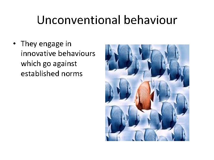 Unconventional behaviour • They engage in innovative behaviours which go against established norms 