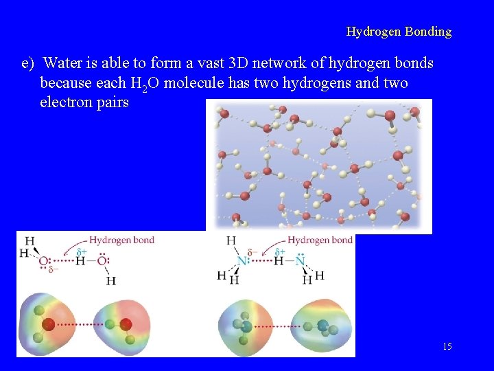 Hydrogen Bonding e) Water is able to form a vast 3 D network of