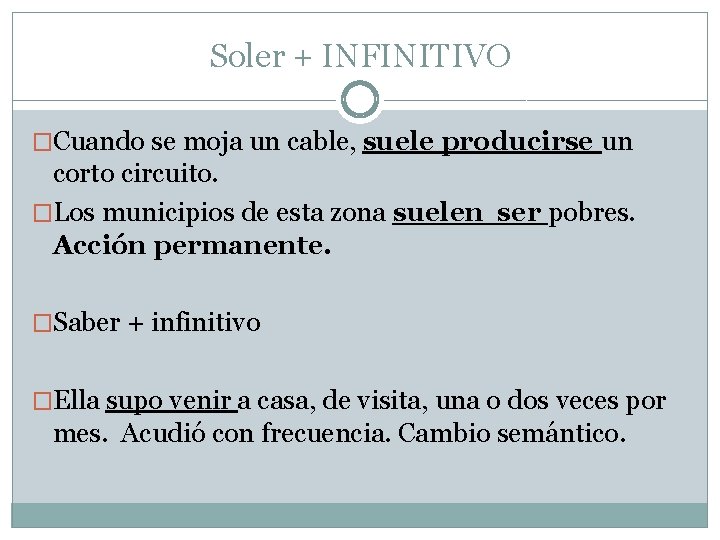 Soler + INFINITIVO �Cuando se moja un cable, suele producirse un corto circuito. �Los