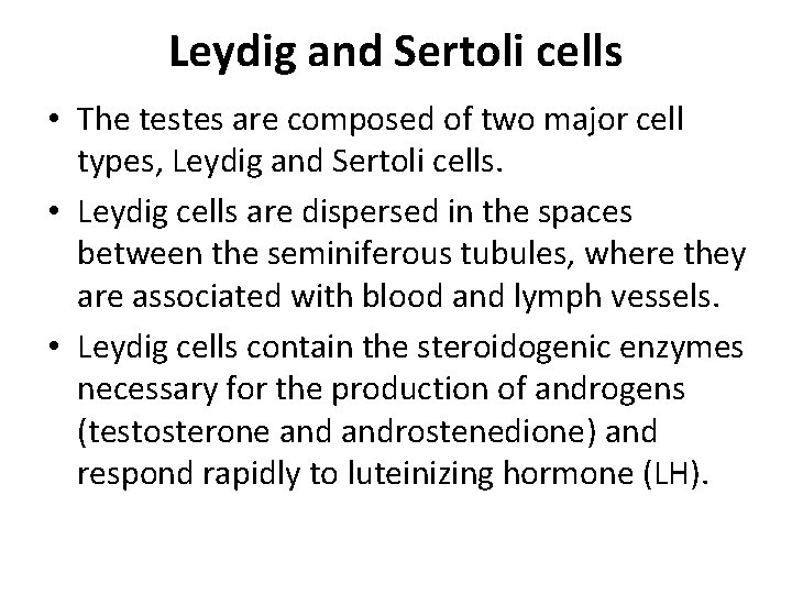 Leydig and Sertoli cells • The testes are composed of two major cell types,