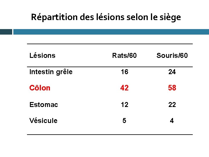 Répartition des lésions selon le siège Lésions Rats/60 Souris/60 Intestin grêle 16 24 Côlon