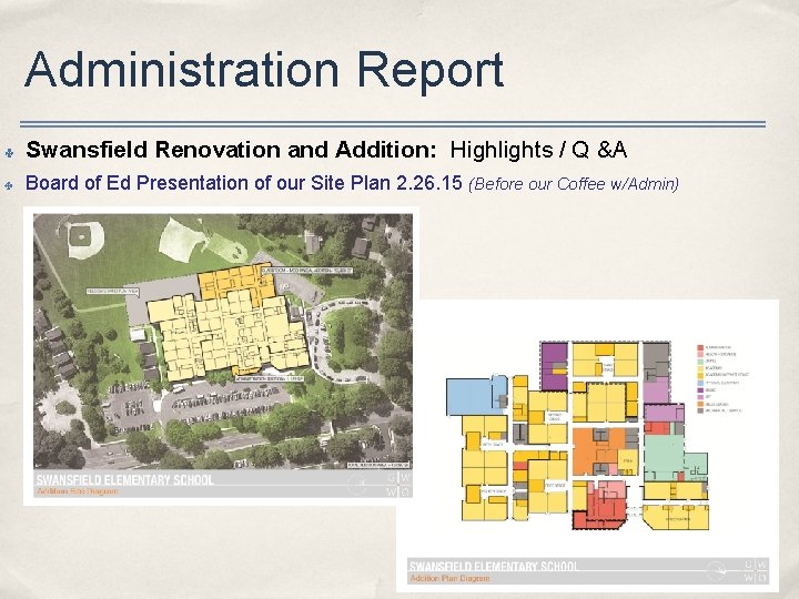 Administration Report ✤ Swansfield Renovation and Addition: Highlights / Q &A ✤ Board of