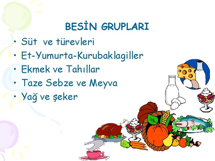 BESİN GRUPLARI • • • Süt ve türevleri Et-Yumurta-Kurubaklagiller Ekmek ve Tahıllar Taze Sebze