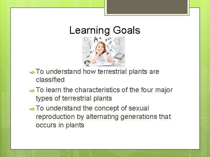 Learning Goals To understand how terrestrial plants are classified To learn the characteristics of