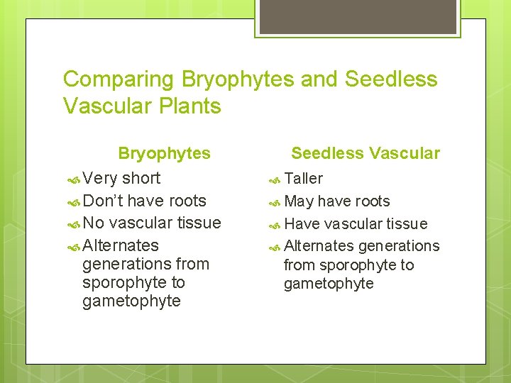 Comparing Bryophytes and Seedless Vascular Plants Bryophytes Very short Don’t have roots No vascular