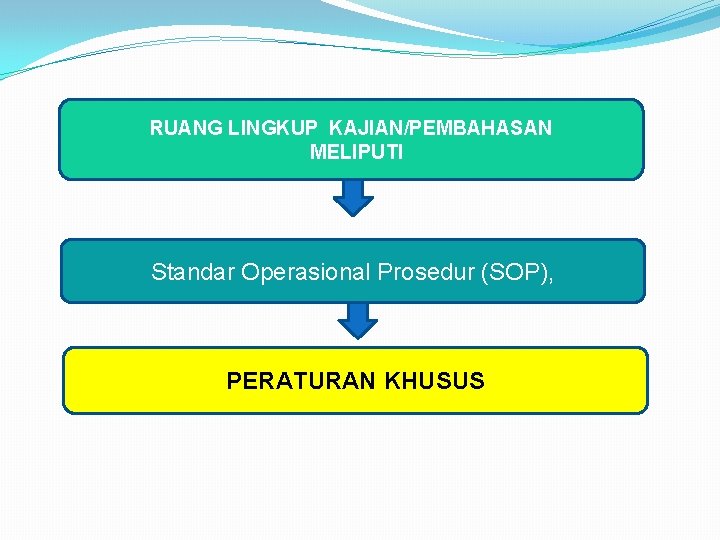 RUANG LINGKUP KAJIAN/PEMBAHASAN MELIPUTI Standar Operasional Prosedur (SOP), PERATURAN KHUSUS 