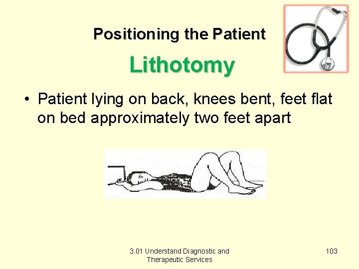 Positioning the Patient Lithotomy • Patient lying on back, knees bent, feet flat on