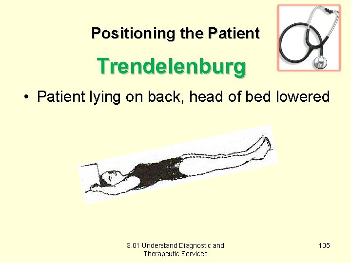 Positioning the Patient Trendelenburg • Patient lying on back, head of bed lowered 3.