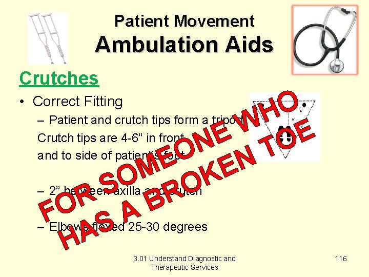 Patient Movement Ambulation Aids Crutches O – Patient and crutch tips form a tripod: