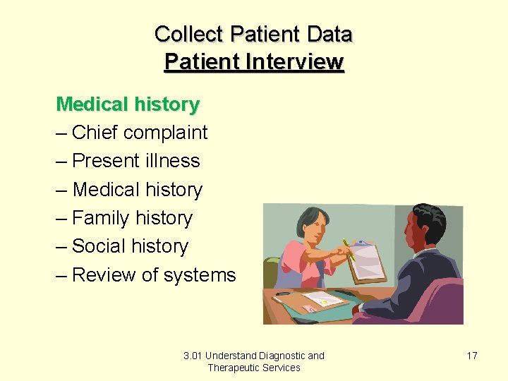 Collect Patient Data Patient Interview Medical history – Chief complaint – Present illness –