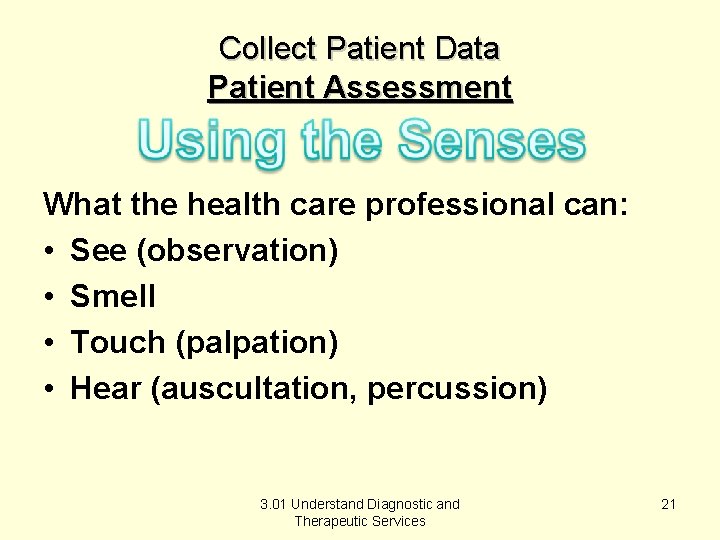 Collect Patient Data Patient Assessment What the health care professional can: • See (observation)