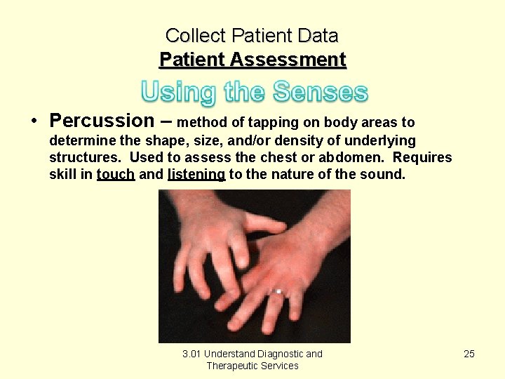 Collect Patient Data Patient Assessment • Percussion – method of tapping on body areas
