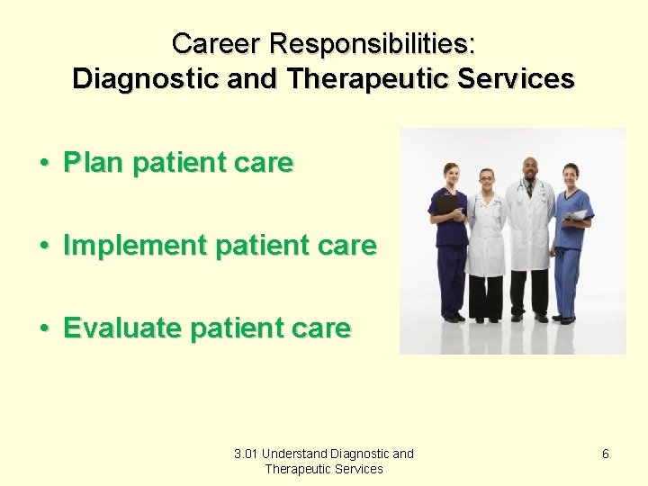 Career Responsibilities: Diagnostic and Therapeutic Services • Plan patient care • Implement patient care