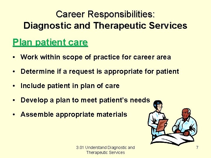 Career Responsibilities: Diagnostic and Therapeutic Services Plan patient care • Work within scope of