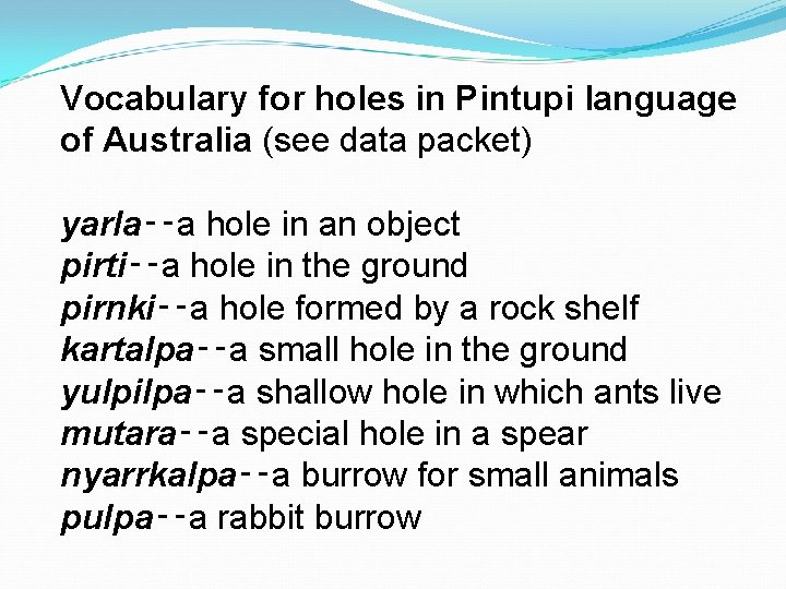 Vocabulary for holes in Pintupi language of Australia (see data packet) yarla‑‑a hole in