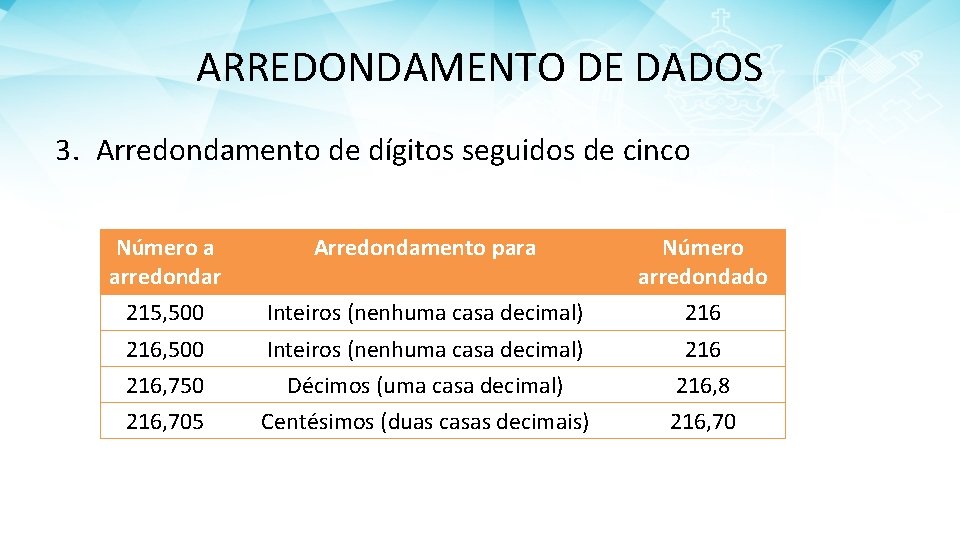 ARREDONDAMENTO DE DADOS 3. Arredondamento de dígitos seguidos de cinco Número a arredondar Arredondamento