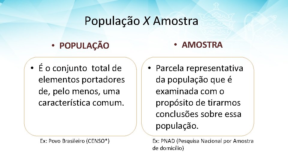 População X Amostra • POPULAÇÃO • AMOSTRA • É o conjunto total de elementos