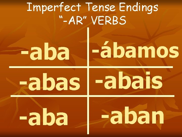 Imperfect Tense Endings “-AR” VERBS -aba -ábamos -abais -aban 