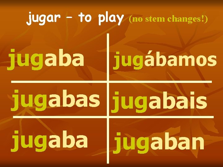 jugar – to play jugaba (no stem changes!) jugábamos jugabais jugaban 