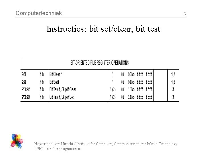 Computertechniek Instructies: bit set/clear, bit test Hogeschool van Utrecht / Institute for Computer, Communication