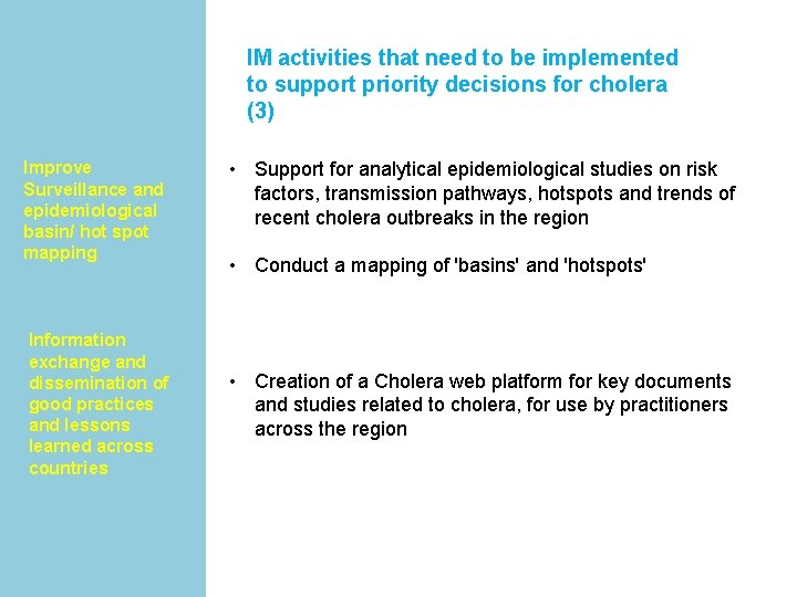 IM activities that need to be implemented to support priority decisions for cholera (3)