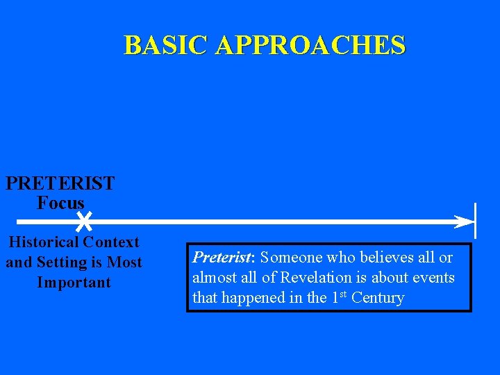 BASIC APPROACHES PRETERIST Focus Historical Context and Setting is Most Important Preterist: Someone who