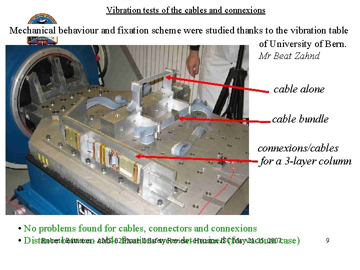 Vibration tests of the cables and connexions Mechanical behaviour and fixation scheme were studied