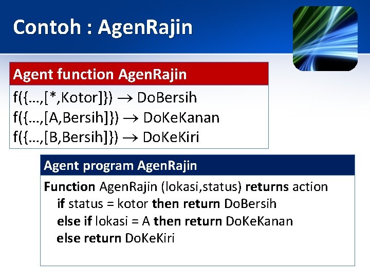 Contoh : Agen. Rajin Agent function Agen. Rajin f({…, [*, Kotor]}) Do. Bersih f({…,