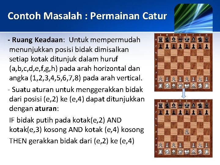 Contoh Masalah : Permainan Catur - Ruang Keadaan: Untuk mempermudah menunjukkan posisi bidak dimisalkan