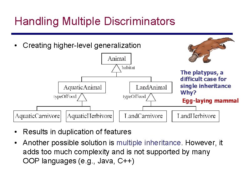 Handling Multiple Discriminators • Creating higher-level generalization The platypus, a difficult case for single