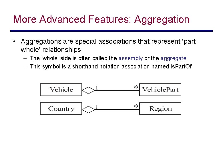 More Advanced Features: Aggregation • Aggregations are special associations that represent ‘partwhole’ relationships –