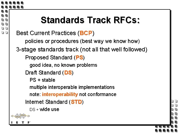 Standards Track RFCs: Best Current Practices (BCP) policies or procedures (best way we know