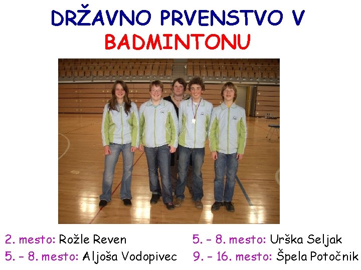 DRŽAVNO PRVENSTVO V BADMINTONU 2. mesto: Rožle Reven 5. – 8. mesto: Aljoša Vodopivec