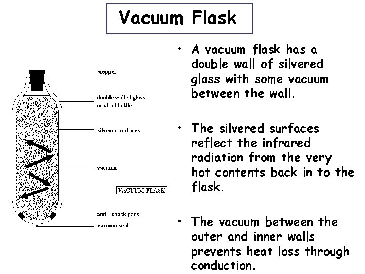 Vacuum Flask • A vacuum flask has a double wall of silvered glass with